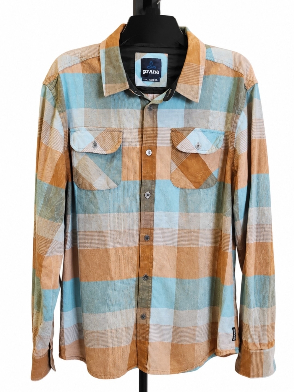 prAna Men’s L Plaid Long Sleeve Organic Cotton Twill Button-Up Shirt Pockets